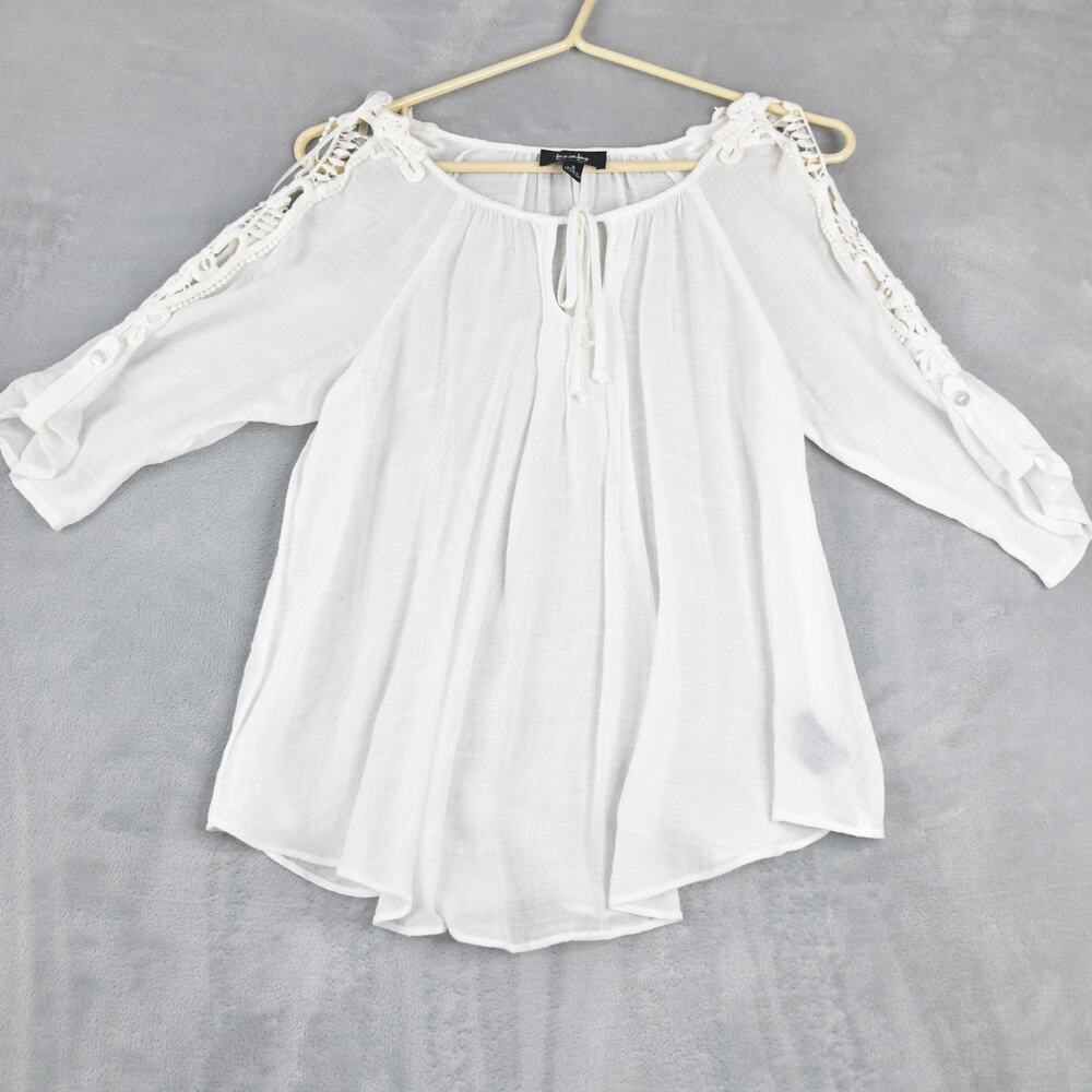 By & By Top Womens Small White Sheer Mid Roll Tab Sleeve